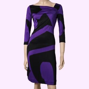 DIANE VON FURSTENBERG Black and Purple Abstract Long Sleeve Silk Dress